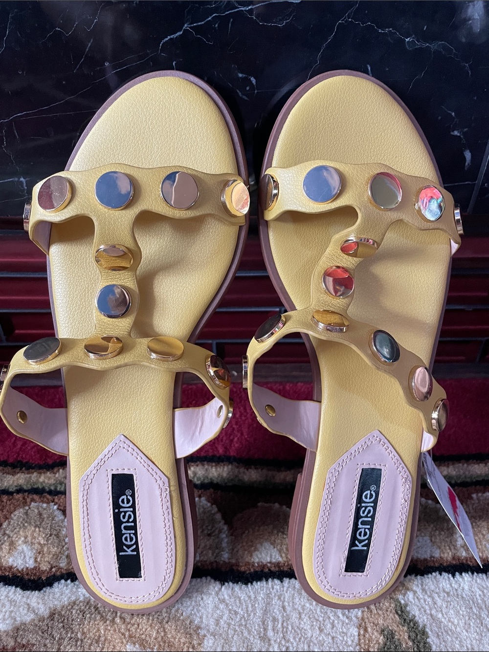 Kensie Yellow Stud-Accent T-Strap Slide Sandals